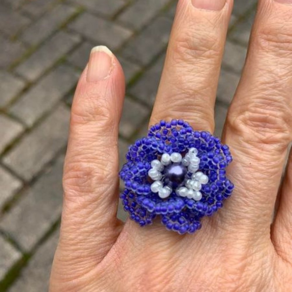 🌷3 for $25🌷Handmade, Glass Seed Bead Purple Flower Ring, Fits up to Ring 8